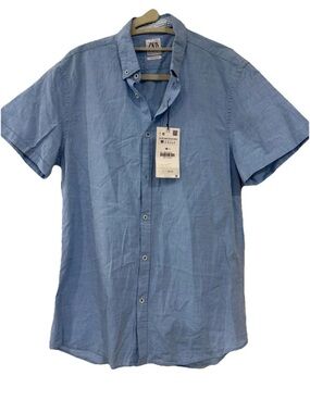 Zara Light Blue Short-Sleeve Linen Blend Shirt - Men Size M NWT